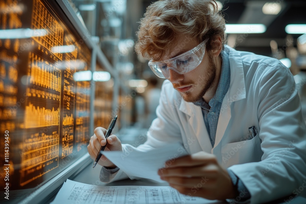 Aufkleber a scientist working on research notes, possibly in a laboratory setting