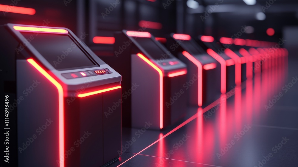 Poster a row of sleek kiosks with glowing red accents, set in a modern, dimly lit environment, suggesting a
