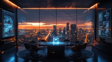 Futuristic city skyline viewed from a high-tech, dark conference room with holographic table and data screens.
