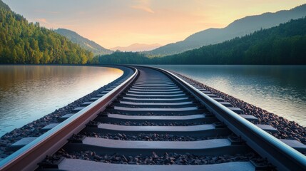 Fototapeta premium A tranquil scene of railway tracks curving alongside a serene lake, surrounded by lush green mountains under a soft sunset glow.