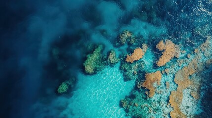 Obraz premium Aerial View of Vibrant Coral Reefs Surrounded by Crystal Clear Blue Waters, Highlighting Marine Life and Underwater Ecosystems in Tropical Setting