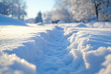 Beautiful winter landscape with fresh snow on the ground and glistening sunlight filtering through trees