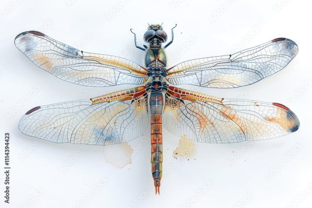 Poster a close-up shot of a dragonfly perched on a white surface, highlighting its delicate features