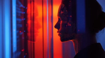 Woman's profile superimposed with server data in red and blue light.