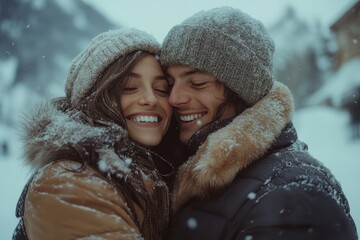 Couple enjoys a joyful moment in the snow amid a beautiful winter landscape