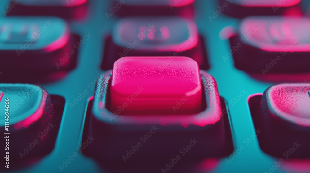 Poster a close-up view of a colorful keyboard key, highlighted in pink and surrounded by other keys, showca