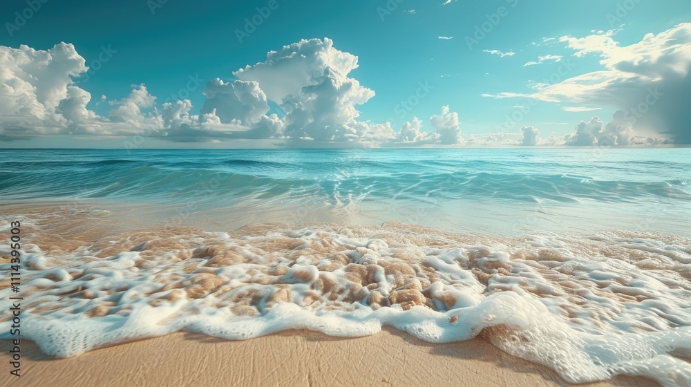 Poster a serene beach scene with waves gently lapping at the shore