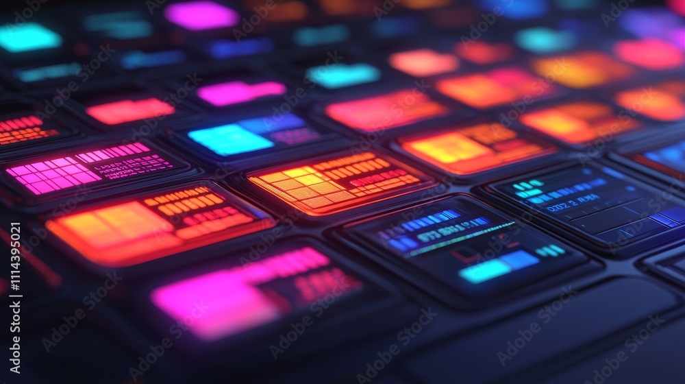 Poster a vibrant, abstract close-up of illuminated circuit components, showcasing colorful lights and intri