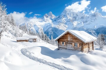 Charming wooden cabins nestled in a snowy landscape under a bright winter sky