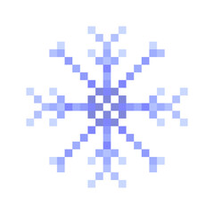 Blue snowflake pixel art isolated on a white background. 8 bit illustration.
