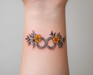 Wrist tattoo featuring a minimalist infinity symbol with floral details