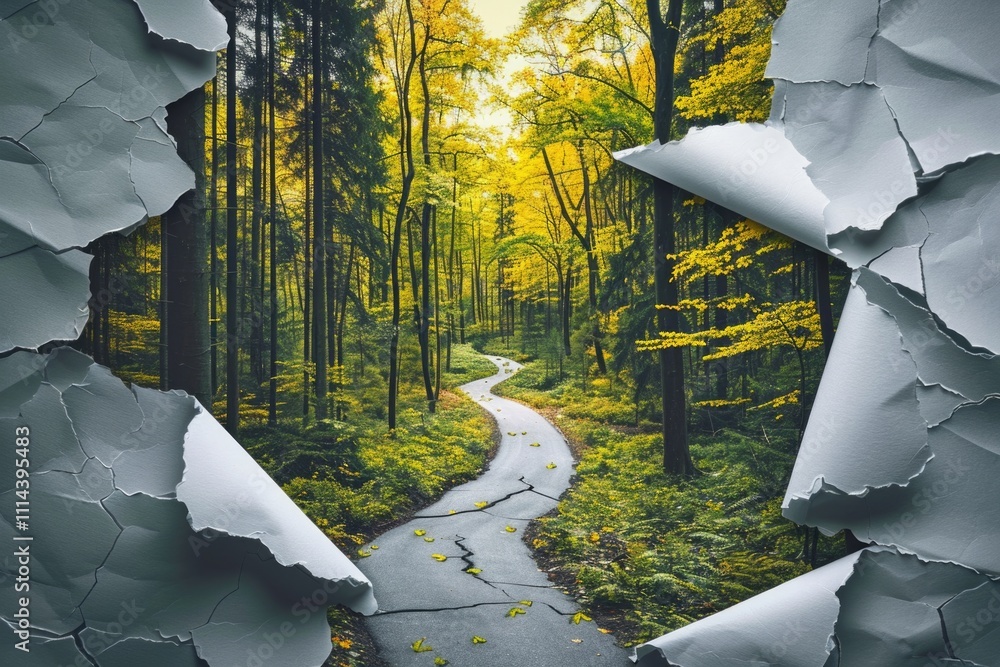 Poster A winding road passes through a large hole in the middle of a dense forest, surrounded by trees and foliage