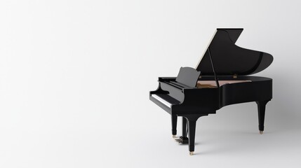A sleek black grand piano sits elegantly in a minimalist setting, showcasing its beautiful design against a simple white background.