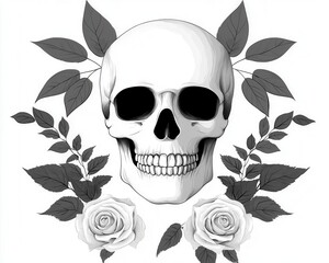 Fototapeta premium Halfsleeve tattoo of a skull surrounded by roses and leaves