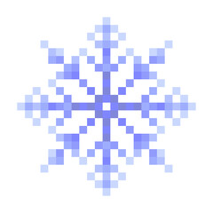 Blue snowflake pixel art isolated on a white background. 8 bit illustration.