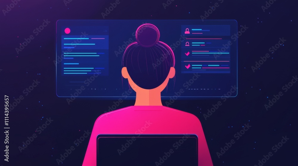 Poster a digital illustration of a woman working on a computer, engaged with colorful interface elements in