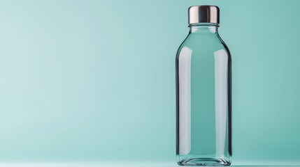 A clear, empty glass water bottle stands against a soft mint background, highlighting its sleek design and minimalist aesthetic.