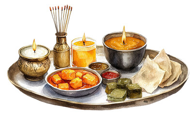 Festive diwali celebration and india food display traditional atmosphere, watercolor concept ,isolated on transparent background, cutout, png