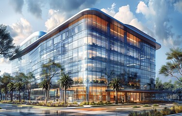 Fototapeta premium watercolor illustration of an office building, concept image of an architectural sketch of an office or company building