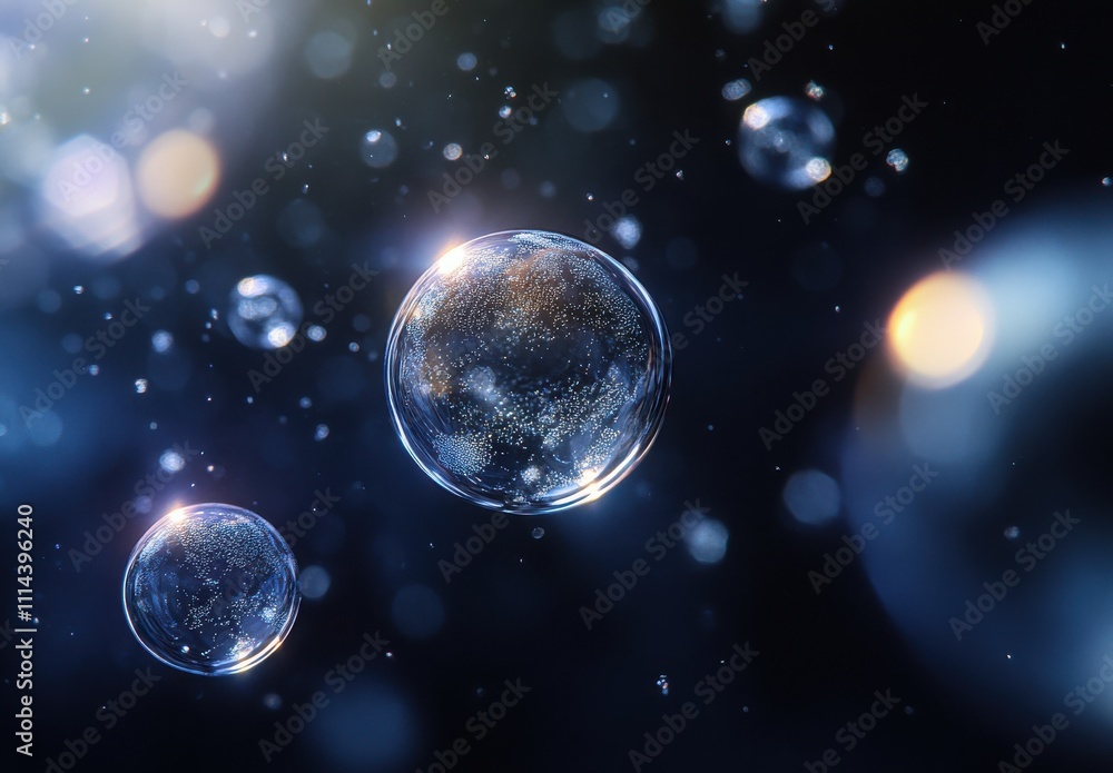 Poster captivating close-up of bubbles floating elegantly in a dark background, sparkling with reflections 