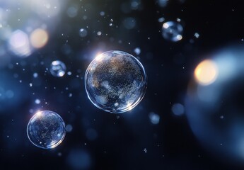 Captivating Close-Up of Bubbles Floating Elegantly in a Dark Background, Sparkling with Reflections and Glimmers of Light for Invigorating Imagery