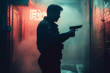 Silent confrontation in a smoky alley with shadowed figure holding a gun. Generative AI