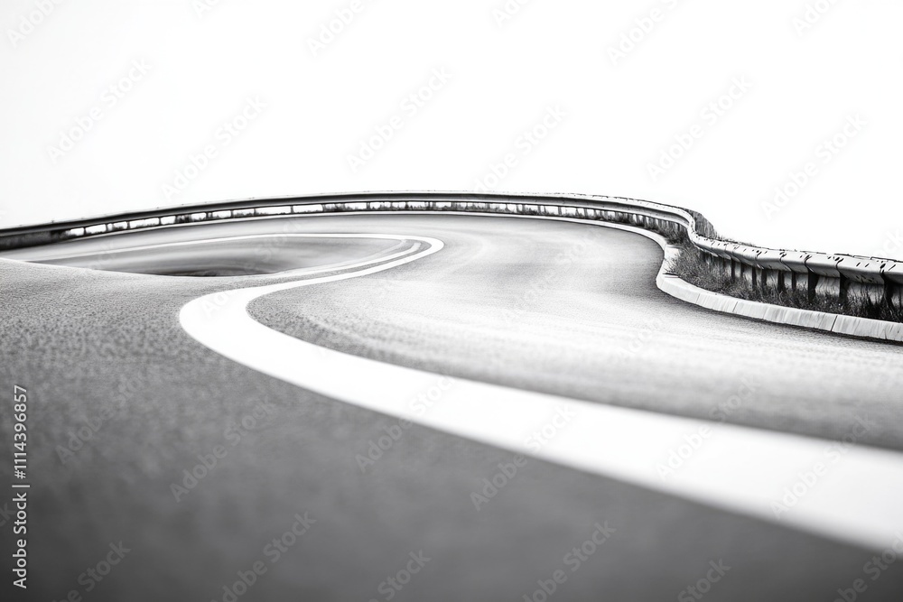 Poster a serene black and white image of a curved road, perfect for use in travel or architecture projects