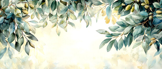 Greenery displaying olive leaves nature setting watercolor artwork tranquil atmosphere