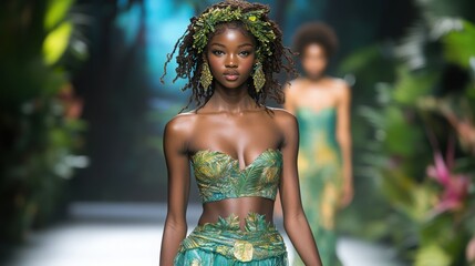 Elegant Model in Nature-Inspired Fashion Show with Lush Greenery and Tropical Vibes Exuding Confidence and Beauty in Vibrant Attire with Floral Accents