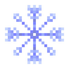 Blue snowflake pixel art isolated on a white background. 8 bit illustration.