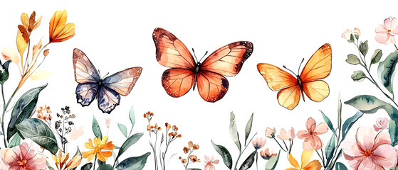 Beautiful butterflies among colorful flowers in a floral arrangement nature, watercolor art cheerful atmosphere, isolate on white background