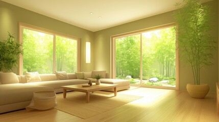 A serene, light-filled living room featuring a cozy sofa, wooden furniture, and large windows overlooking a lush green garden.