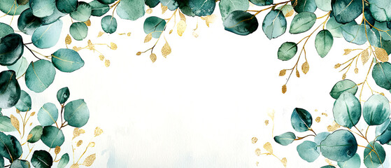 Watercolor painting features eucalyptus leaves and golden accents, creating an elegant border, isolate on white background