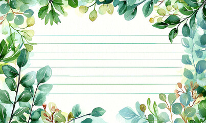 Nature inspired decorative border with lined paper for writing artwork display greenery background, watercolor concept