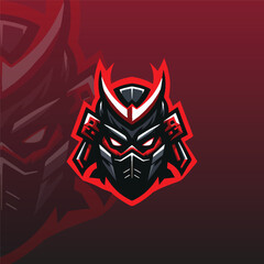 flat e-sport logo featuring a stylized samurai mask with sharp features