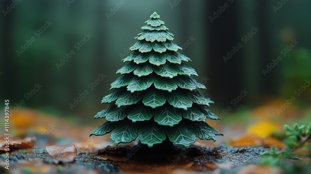Poster lush green tree model in an enchanted forest setting surrounded by fallen leaves and mystical fog cr
