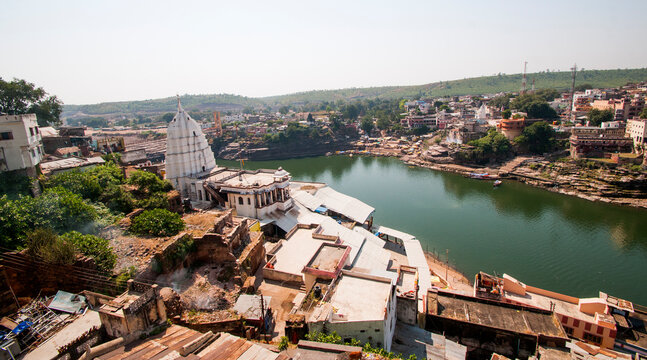Omkareshwar temple and Omkareshwar city on banks of Narmada river, Madhya Pradesh, India,