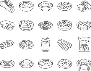 mexican cuisine food dinner icons set vector. taco mexico, table restaurant, dish tortilla, party view, gourmet salad, hot kitchen mexican cuisine food dinner black contour illustrations