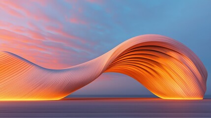 Fototapeta premium A stunning architectural structure with a flowing design, illuminated by warm colors against a twilight sky.