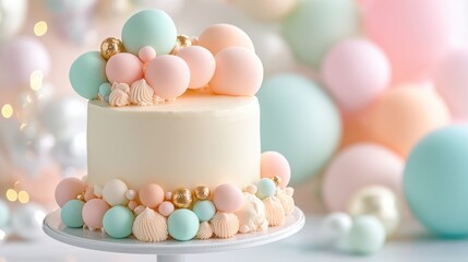 A beautifully decorated cake topped with pastel-colored spheres and swirls, set against a soft backdrop of balloons, Ideal for birthday invitations, party planning, or dessert menus,