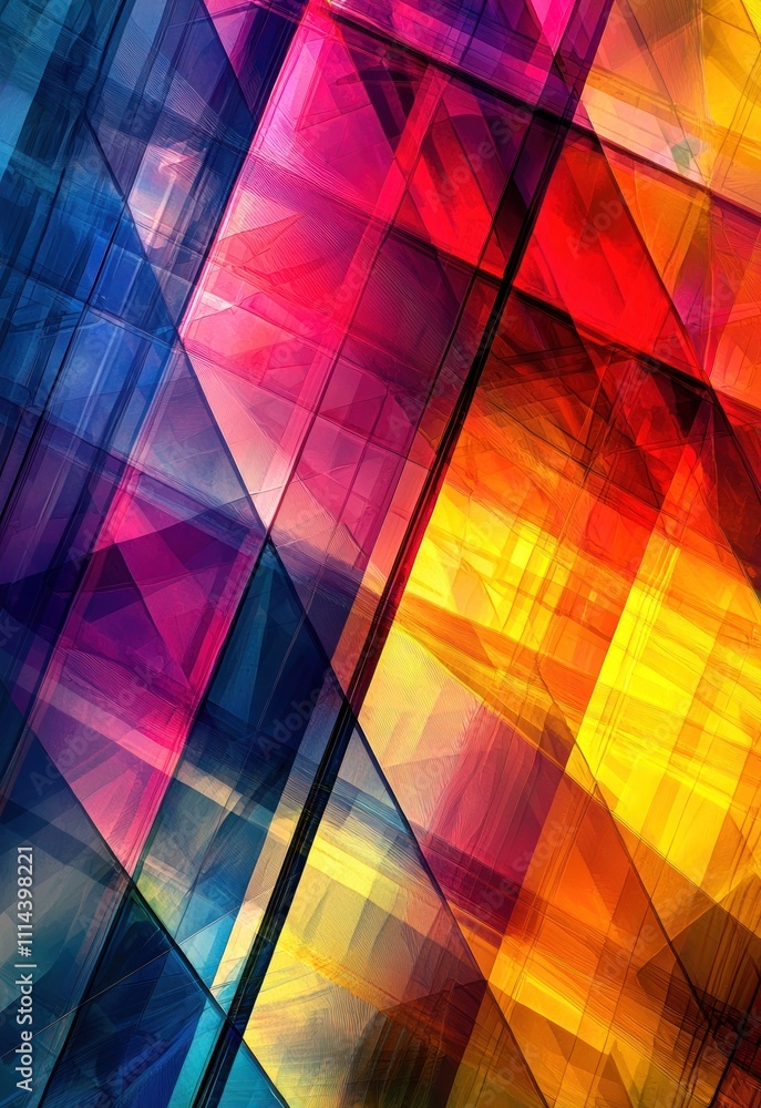 Poster a colorful geometric background with overlapping shapes and vivid hues, perfect for an abstract desi