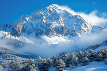 Majestic snowcapped mountains rise against a clear blue sky in a winter landscape