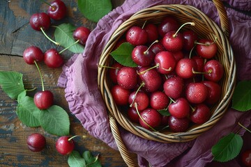 A basket full of cherries is sitting on a purple cloth