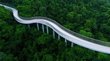 A winding aerial walkway traverses a lush green forest, blending modern design with natural beauty.