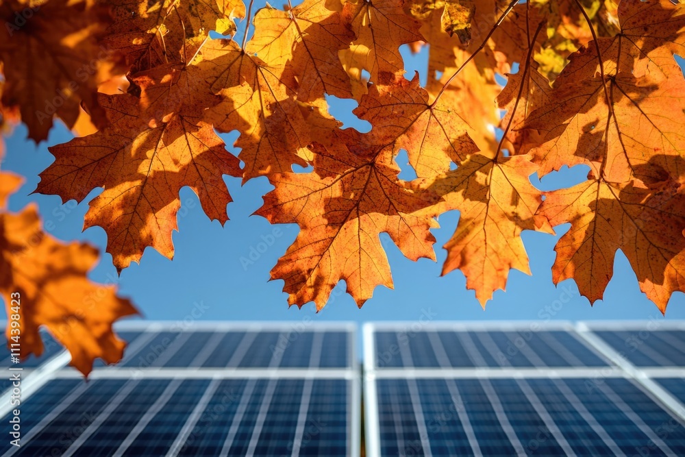 Poster a close-up shot of a solar panel with leaves in the foreground, great for environmental or science-t