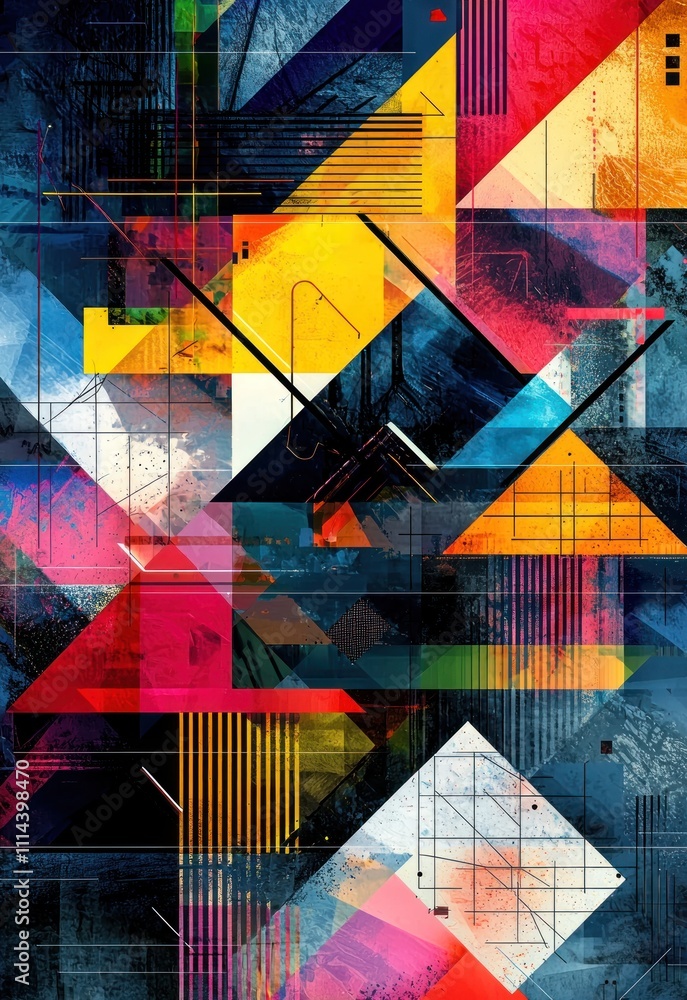 Poster a colorful geometric background with overlapping shapes and vivid hues, perfect for an abstract desi