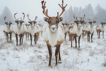 Obraz premium Herd of reindeer standing in a snowy field on a foggy day on the farm