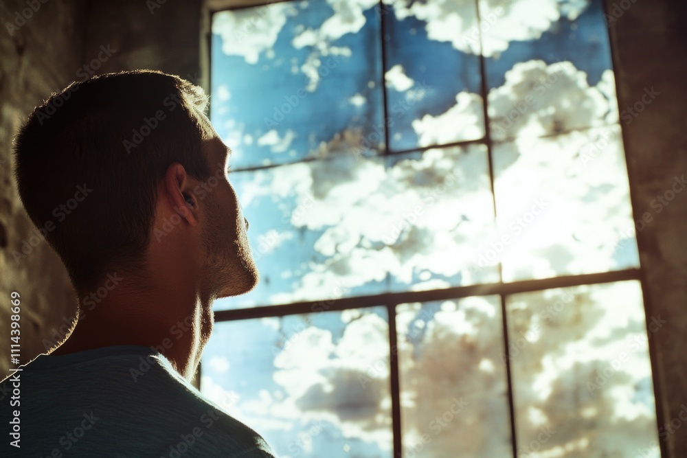 Poster a person standing by an open window, looking up at the sky with a contemplative expression