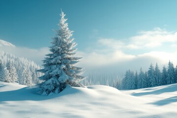 Fototapeta premium Snow-covered landscape featuring a frosty evergreen tree in a serene winter setting
