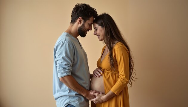 Couple expecting a baby with joyful expressions touching the mother's belly against a neutral background - Powered by Adobe